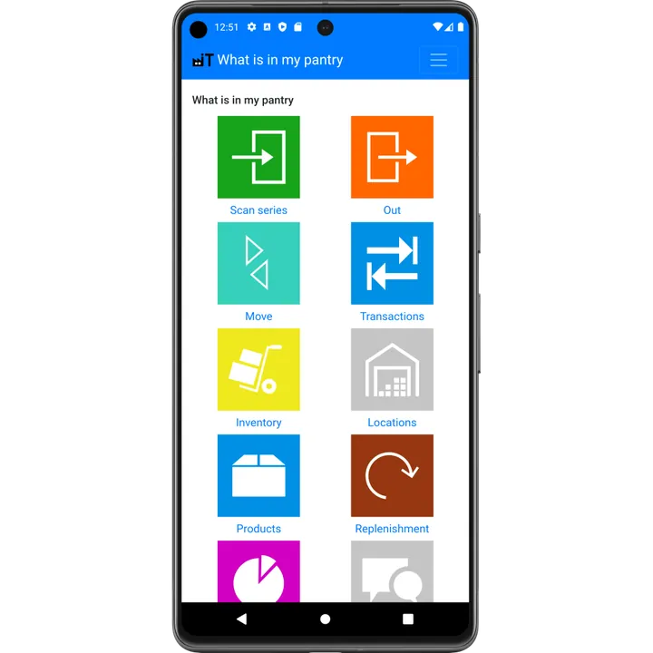 What Is In My Pantry app main menu with buttons for scan, out, move, inventory, locations and products