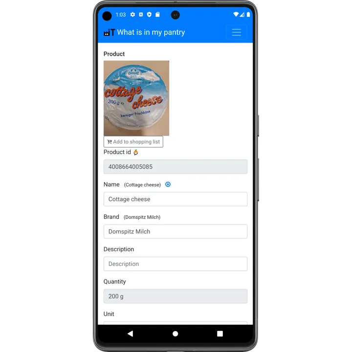 Product details with photo, barcode, name and brand